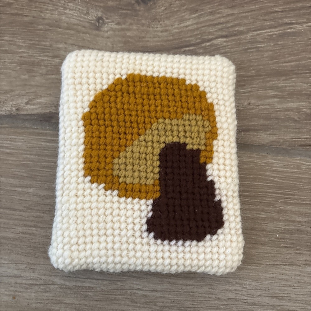 Cross Stitch Yellow /brown Mushroom Wall Hanging 5" x 4.5"
